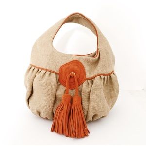 Marc Jacobs Burlap and Orange Suede Tassel Bag
